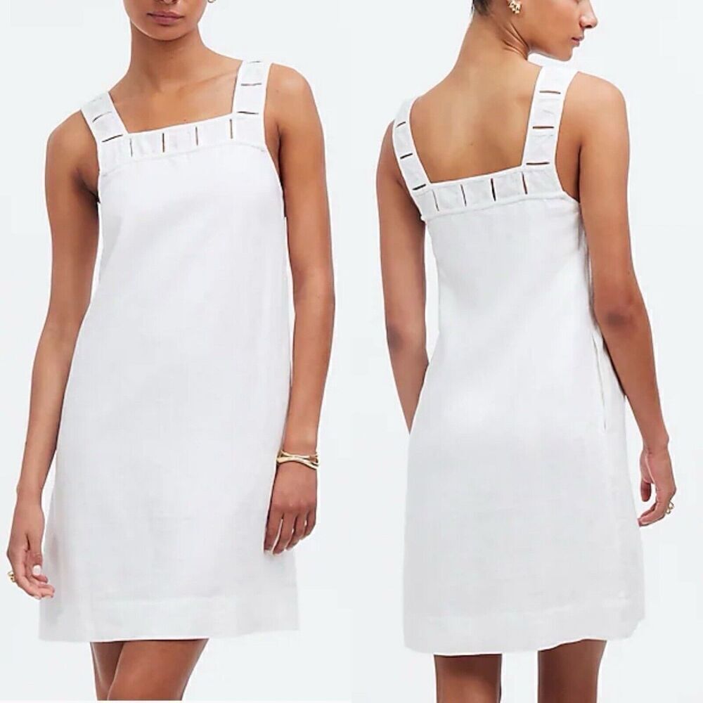 MADEWELL Mini Dress Women 4 Embroidered Tank Linen NEW Crisp White Pockets NQ595